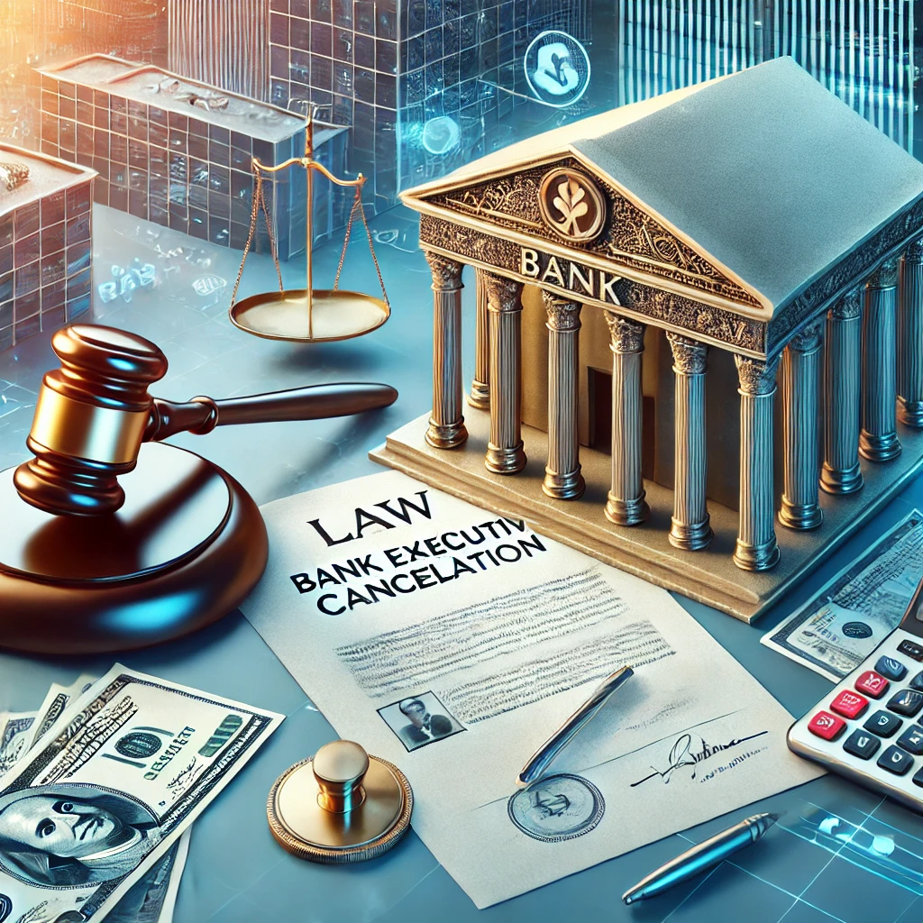 "تصویر گویای ابطال اجرائیه بانکی و دعاوی ارزی با نمادهای حقوقی، اسناد بانکی، چکش قاضی و ساختمان بانک، مناسب برای مشاوره حقوقی با دکتر رضا قدمیان."