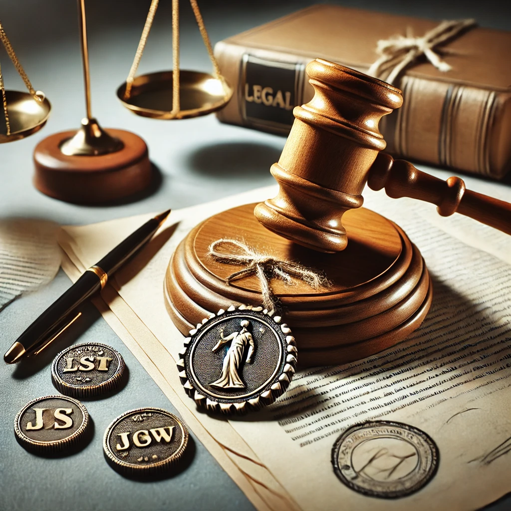 "اسناد قانونی، چکش دادگاه و مهر شکسته که خیانت و تصرف غیرقانونی اموال در پرونده‌های حقوقی را نمادین نشان می‌دهد.