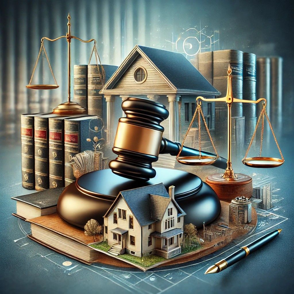 "چکش حقوقی، کتاب‌های قانونی و ترازوی عدالت برای دعاوی حقوقی مرتبط با تصرف عدوانی، مزاحمت ملکی و ممانعت از حق"