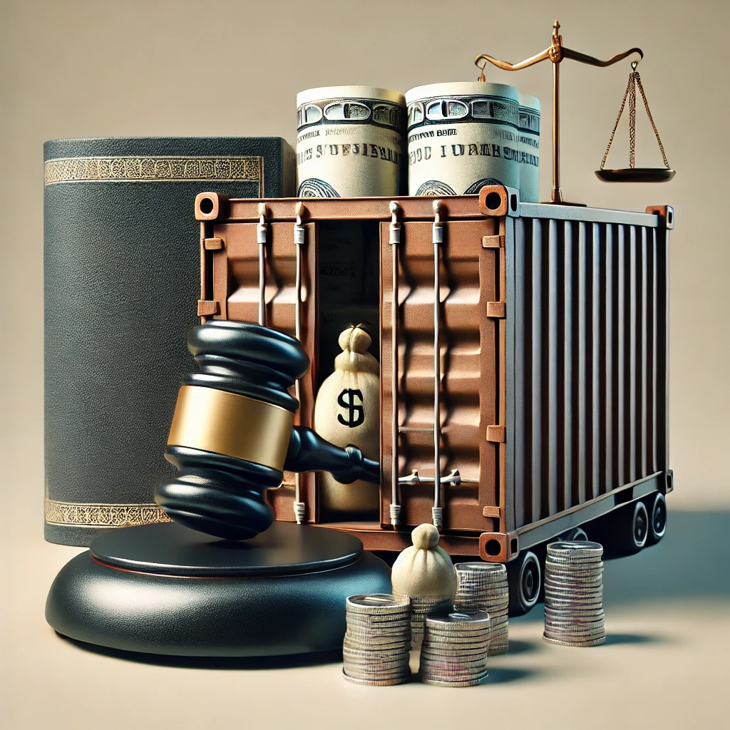 تصویر نمادین از قاچاق کالا و ارز و روشهای پیشگیری از آن شامل چکش قضائی و کانتینر با کالاهای پنهان که نشاندهنده مسائل حقوقی و اقتصادی قاچاق است.